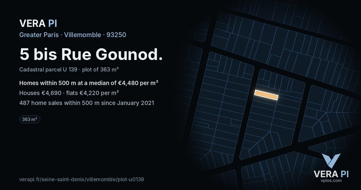 5 bis Rue Gounod, Villemomble at night – the plot lit, the parcels around coloured by the prices near them