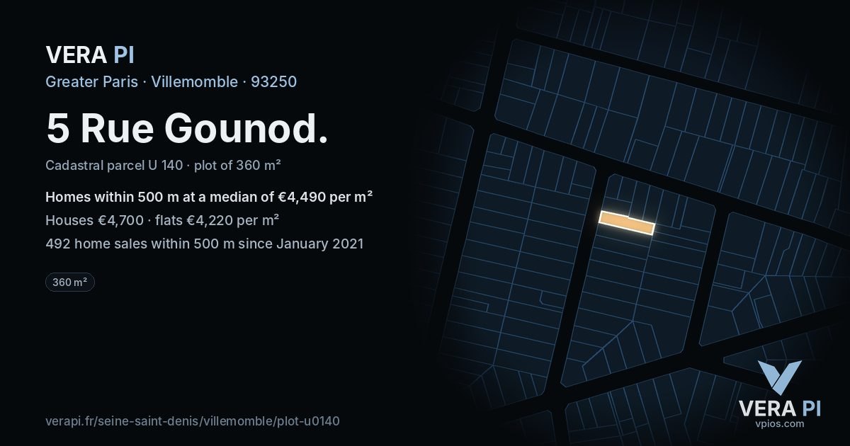 5 Rue Gounod, Villemomble at night – the plot lit, the parcels around coloured by the prices near them