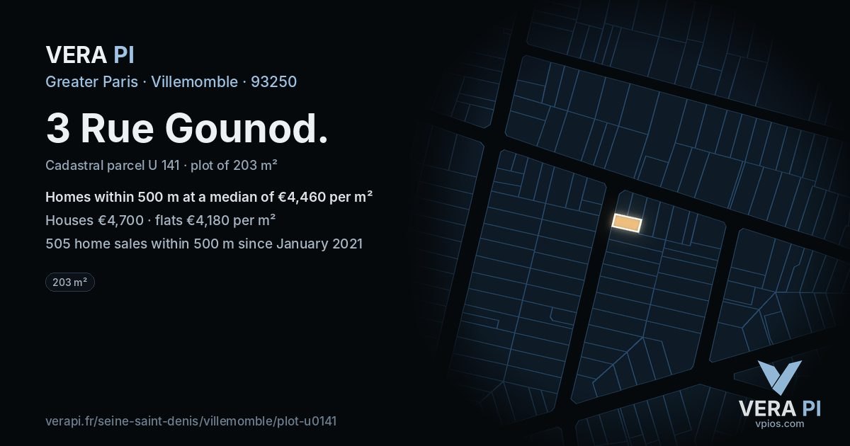 3 Rue Gounod, Villemomble at night – the plot lit, the parcels around coloured by the prices near them