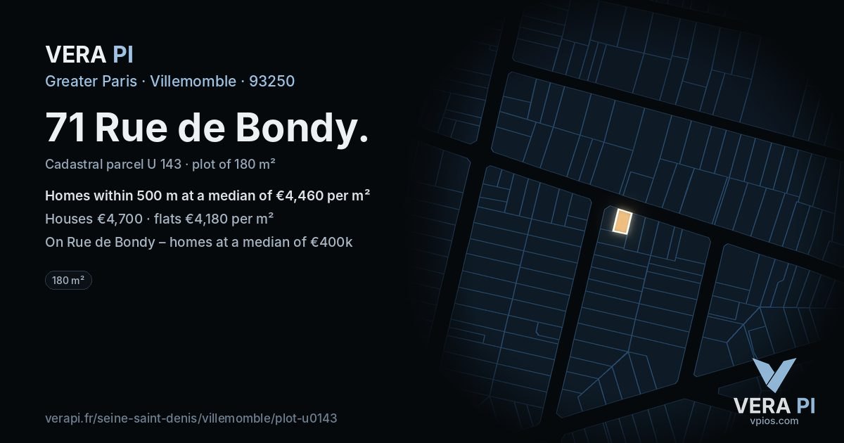 71 Rue de Bondy, Villemomble at night – the plot lit, the parcels around coloured by the prices near them