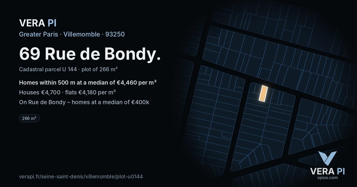 69 Rue de Bondy, Villemomble at night – the plot lit, the parcels around coloured by the prices near them