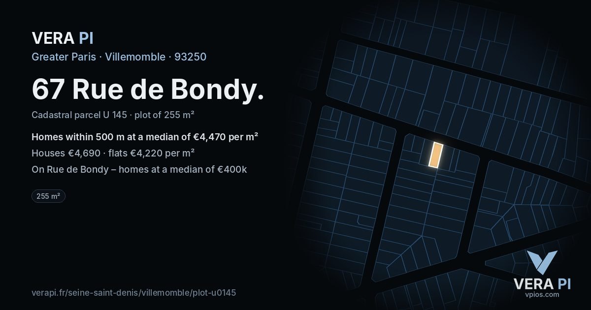 67 Rue de Bondy, Villemomble at night – the plot lit, the parcels around coloured by the prices near them