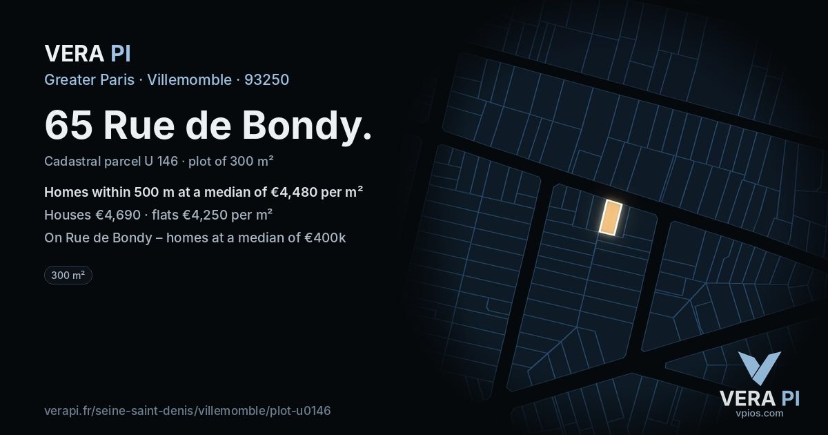 65 Rue de Bondy, Villemomble at night – the plot lit, the parcels around coloured by the prices near them