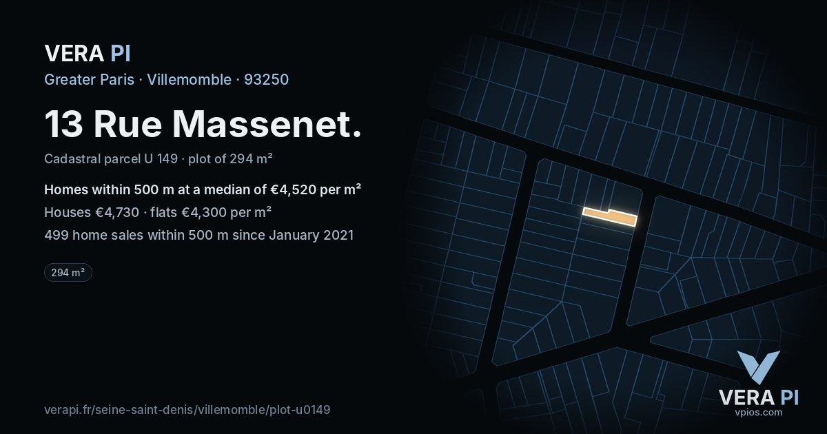 13 Rue Massenet, Villemomble at night – the plot lit, the parcels around coloured by the prices near them