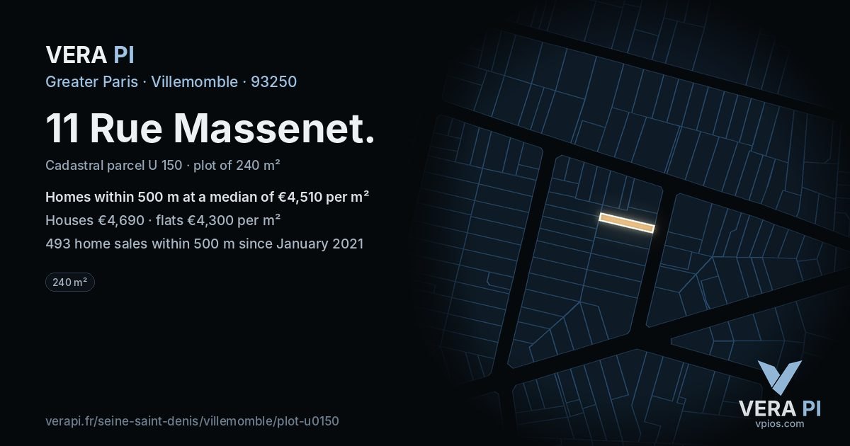 11 Rue Massenet, Villemomble at night – the plot lit, the parcels around coloured by the prices near them