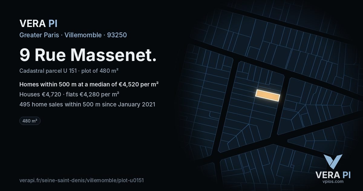 9 Rue Massenet, Villemomble at night – the plot lit, the parcels around coloured by the prices near them