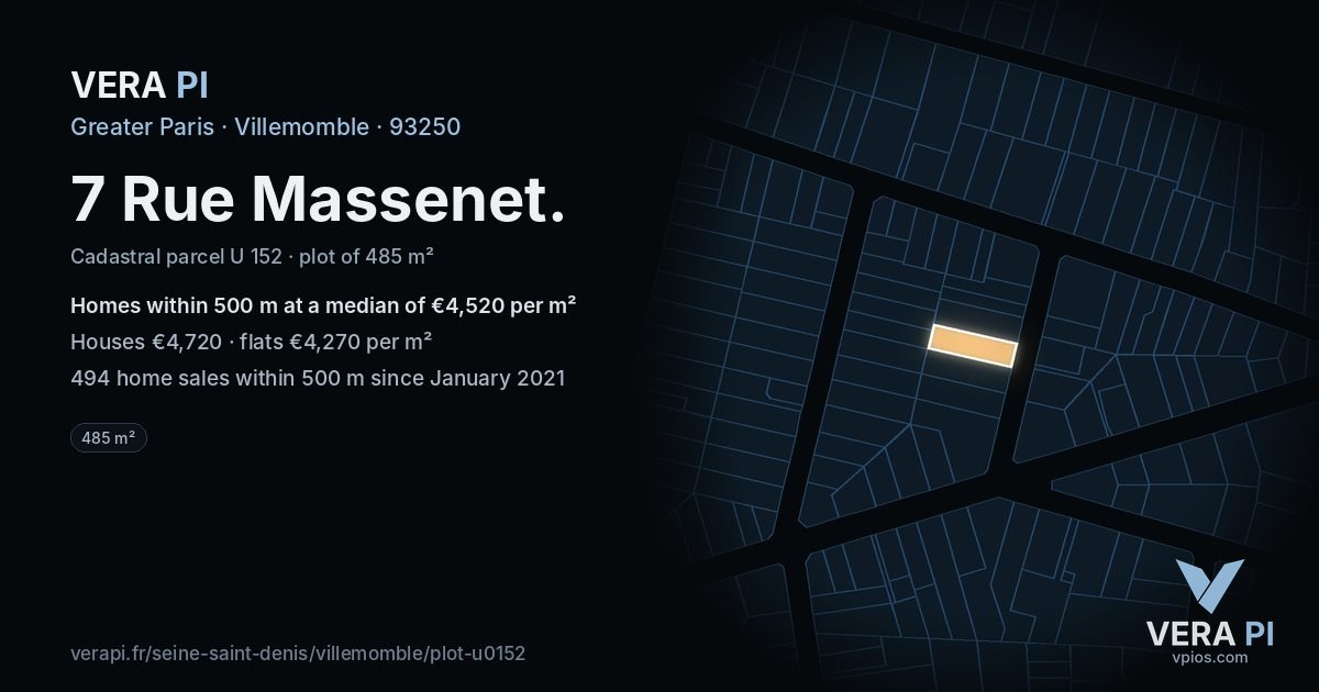 7 Rue Massenet, Villemomble at night – the plot lit, the parcels around coloured by the prices near them