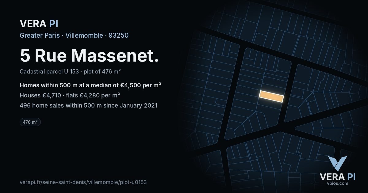 5 Rue Massenet, Villemomble at night – the plot lit, the parcels around coloured by the prices near them