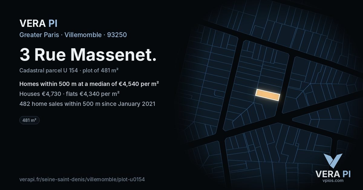 3 Rue Massenet, Villemomble at night – the plot lit, the parcels around coloured by the prices near them