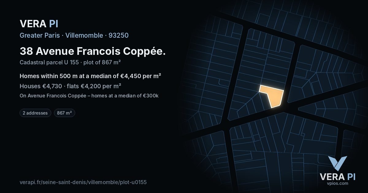 38 Avenue Francois Coppée, Villemomble at night – the plot lit, the parcels around coloured by the prices near them