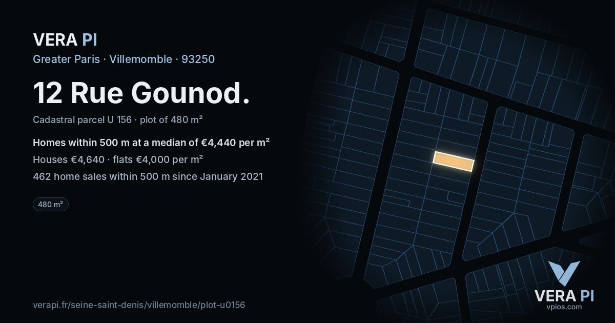 12 Rue Gounod, Villemomble at night – the plot lit, the parcels around coloured by the prices near them