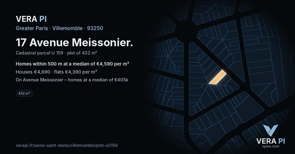 17 Avenue Meissonier, Villemomble at night – the plot lit, the parcels around coloured by the prices near them