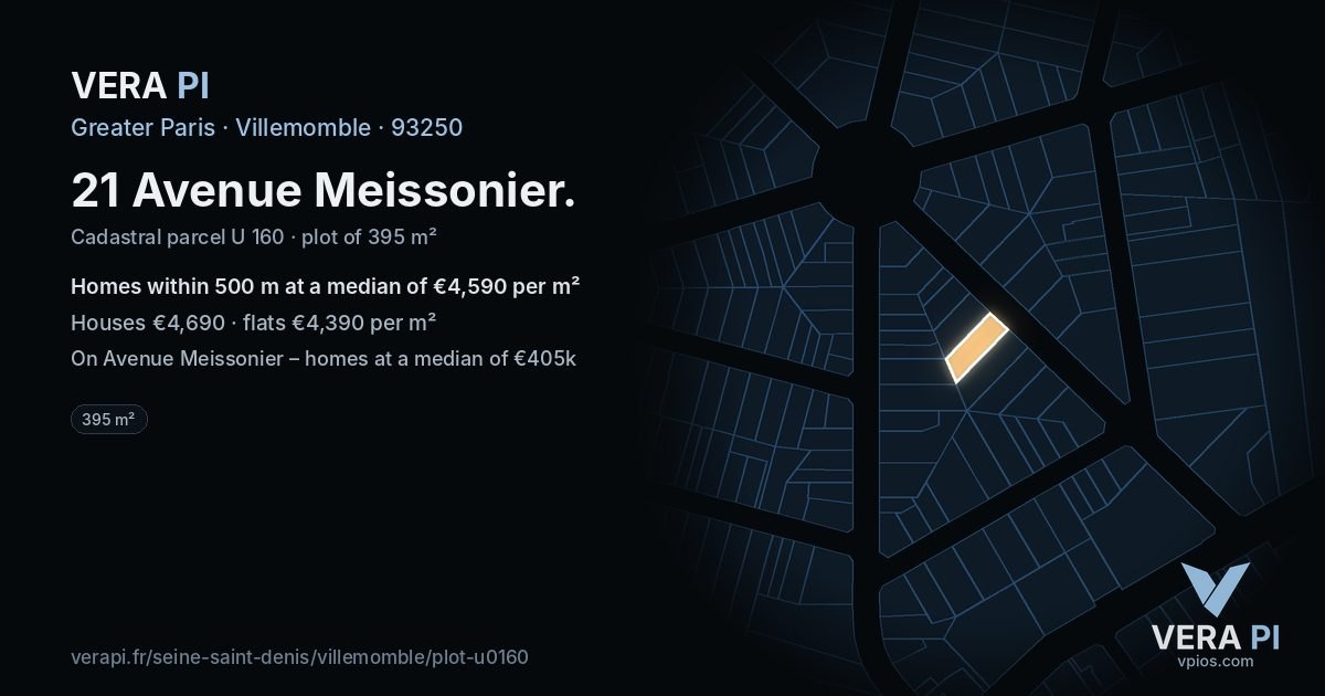 21 Avenue Meissonier, Villemomble at night – the plot lit, the parcels around coloured by the prices near them