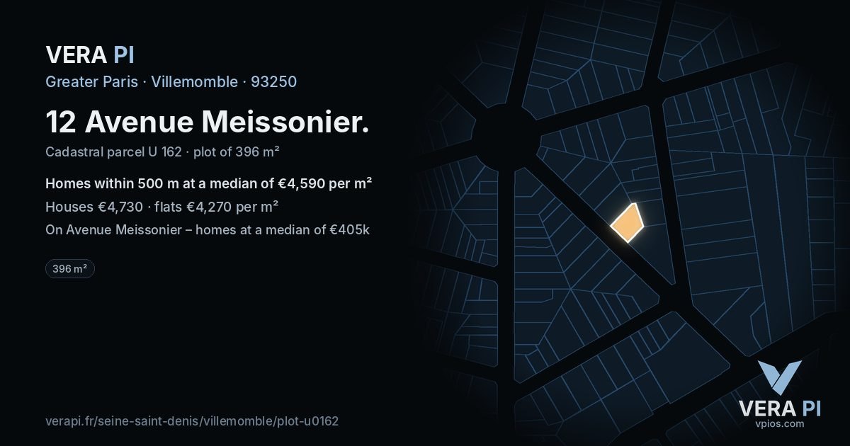 12 Avenue Meissonier, Villemomble at night – the plot lit, the parcels around coloured by the prices near them