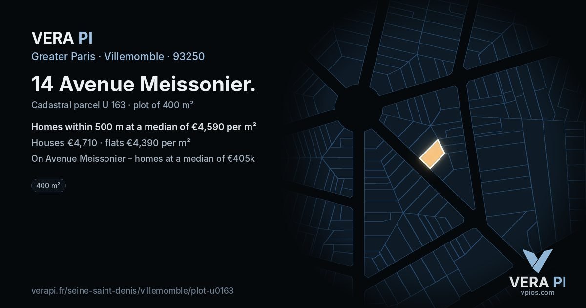 14 Avenue Meissonier, Villemomble at night – the plot lit, the parcels around coloured by the prices near them
