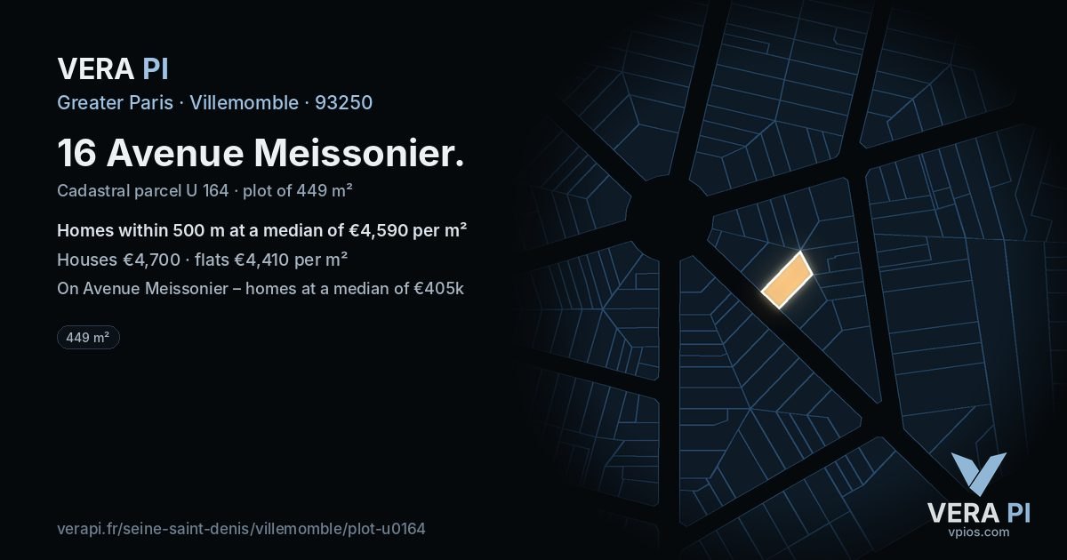 16 Avenue Meissonier, Villemomble at night – the plot lit, the parcels around coloured by the prices near them