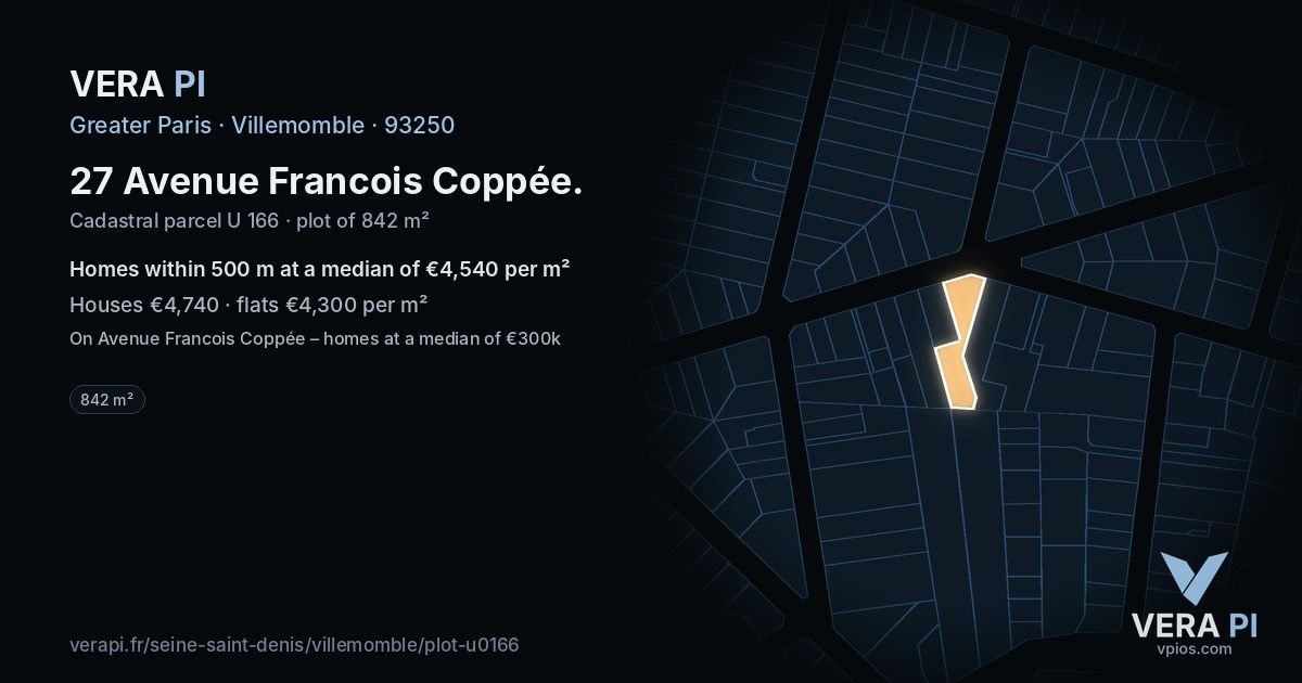 27 Avenue Francois Coppée, Villemomble at night – the plot lit, the parcels around coloured by the prices near them