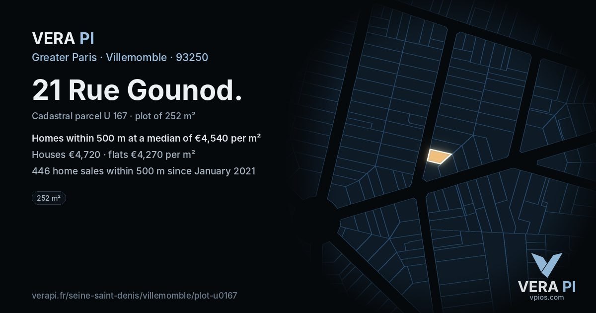 21 Rue Gounod, Villemomble at night – the plot lit, the parcels around coloured by the prices near them