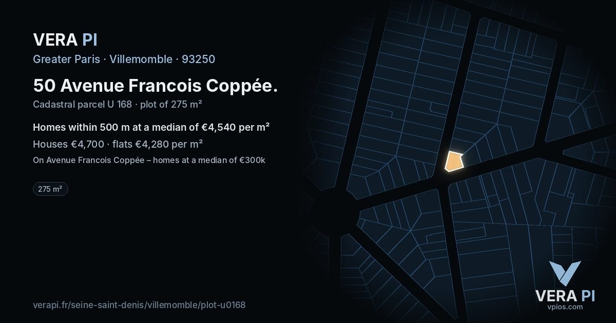 50 Avenue Francois Coppée, Villemomble at night – the plot lit, the parcels around coloured by the prices near them