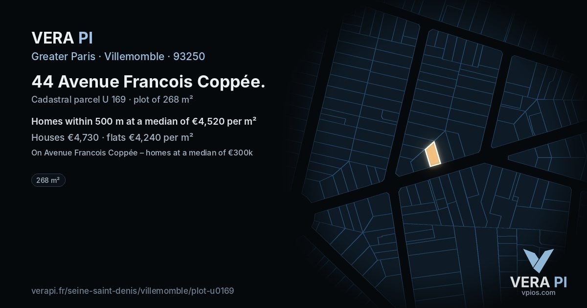 44 Avenue Francois Coppée, Villemomble at night – the plot lit, the parcels around coloured by the prices near them