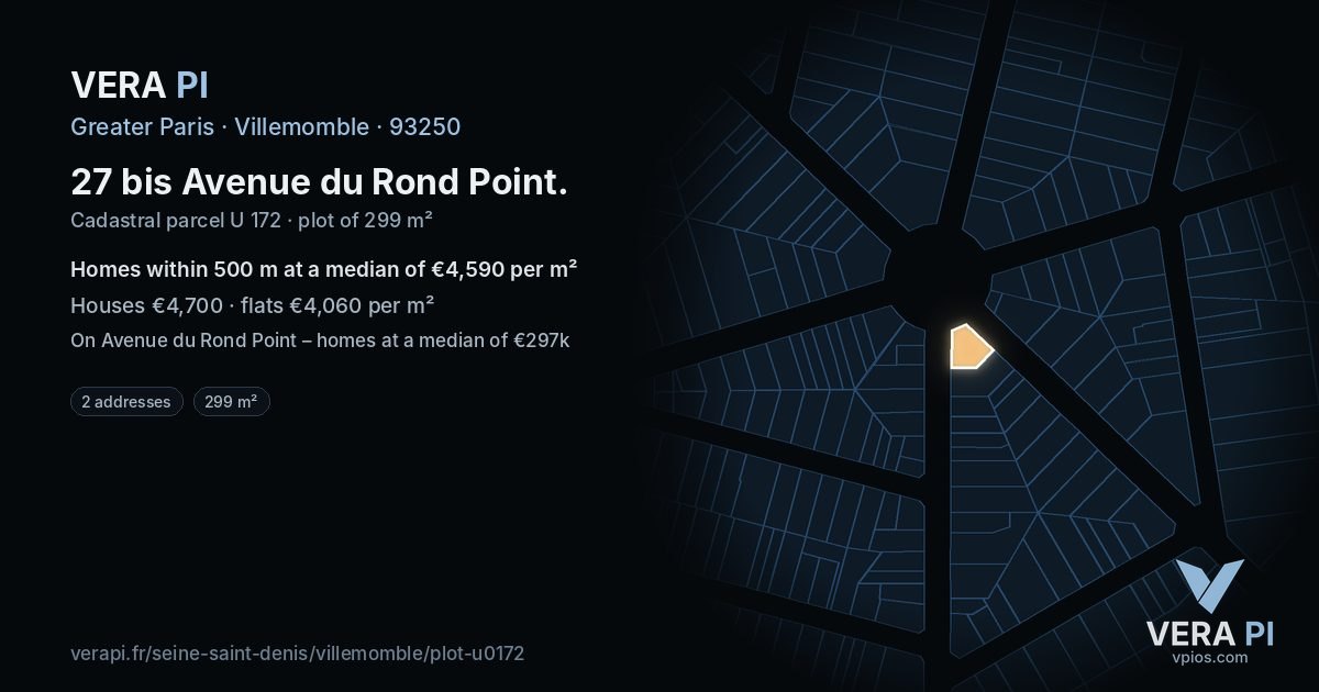 27 bis Avenue du Rond Point, Villemomble at night – the plot lit, the parcels around coloured by the prices near them