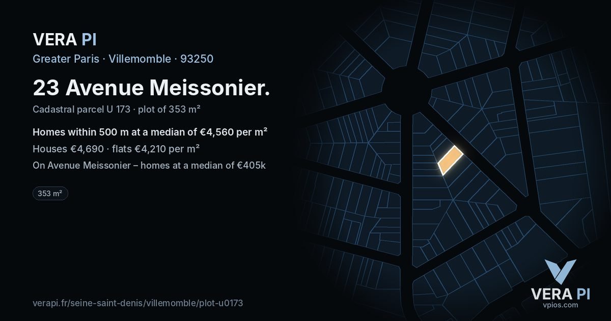 23 Avenue Meissonier, Villemomble at night – the plot lit, the parcels around coloured by the prices near them