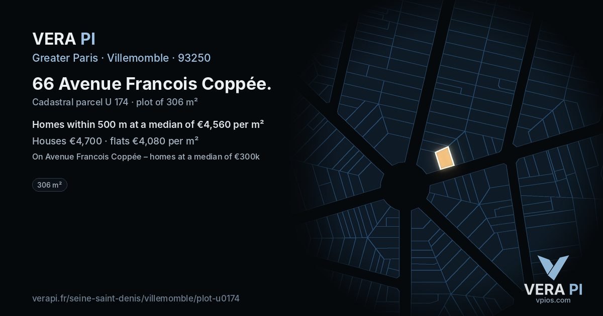 66 Avenue Francois Coppée, Villemomble at night – the plot lit, the parcels around coloured by the prices near them