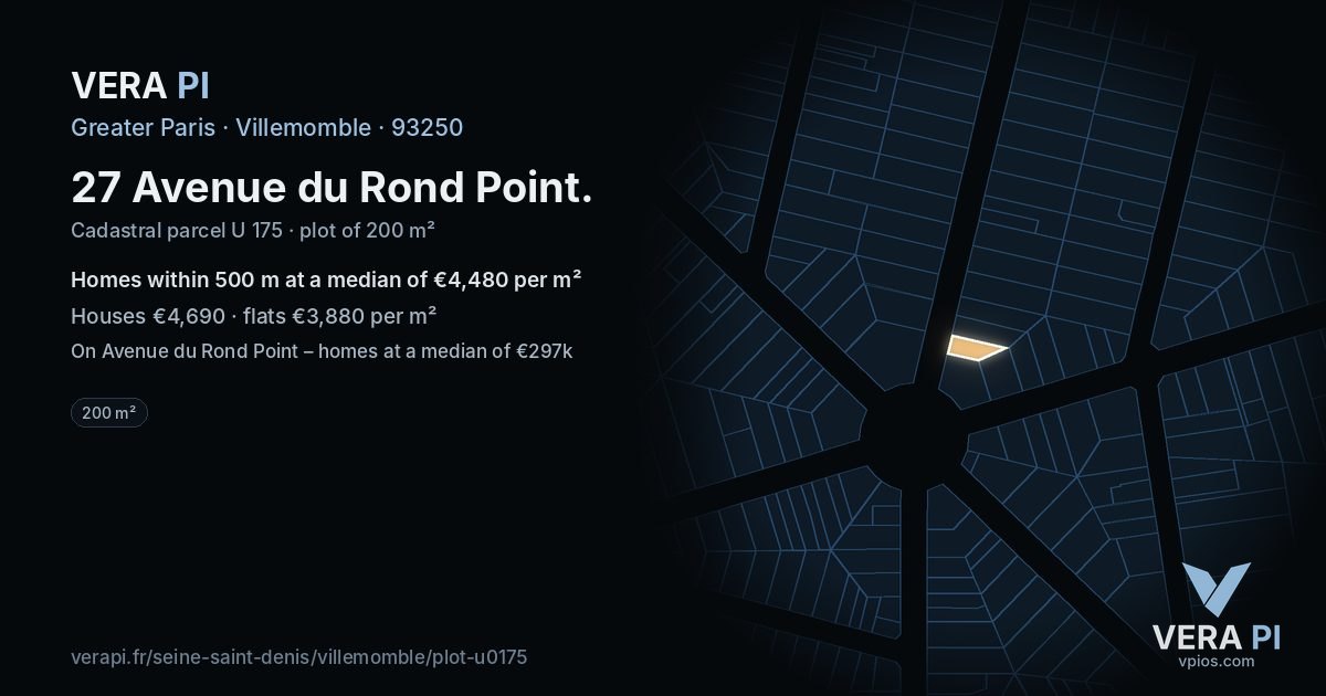 27 Avenue du Rond Point, Villemomble at night – the plot lit, the parcels around coloured by the prices near them