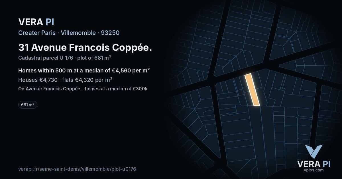 31 Avenue Francois Coppée, Villemomble at night – the plot lit, the parcels around coloured by the prices near them