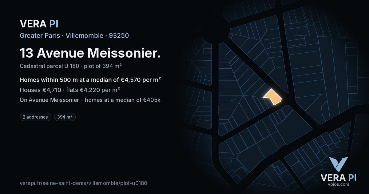 13 Avenue Meissonier, Villemomble at night – the plot lit, the parcels around coloured by the prices near them