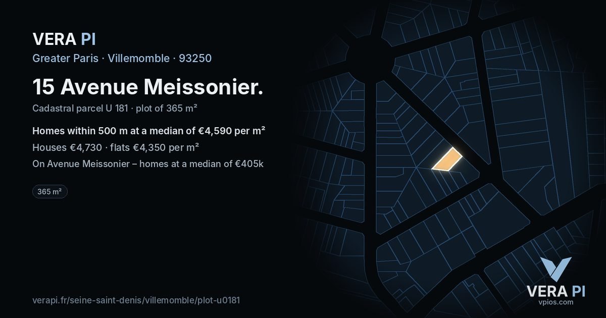 15 Avenue Meissonier, Villemomble at night – the plot lit, the parcels around coloured by the prices near them