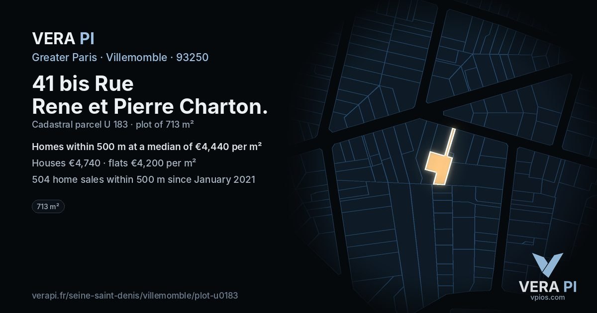 41 bis Rue Rene et Pierre Charton, Villemomble at night – the plot lit, the parcels around coloured by the prices near them