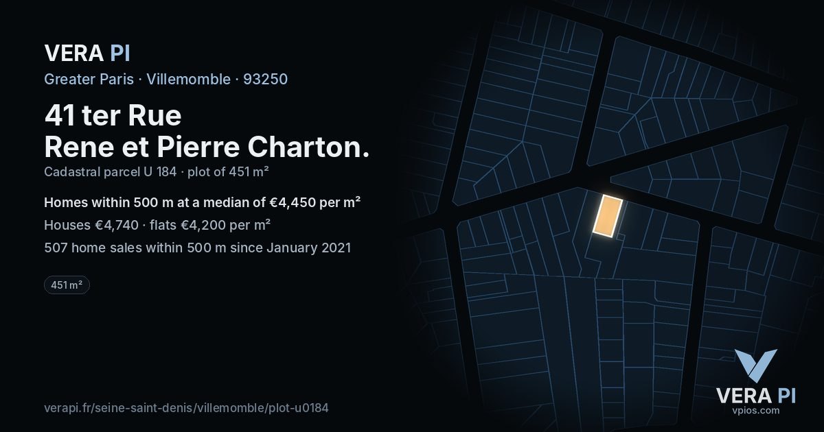 41 ter Rue Rene et Pierre Charton, Villemomble at night – the plot lit, the parcels around coloured by the prices near them