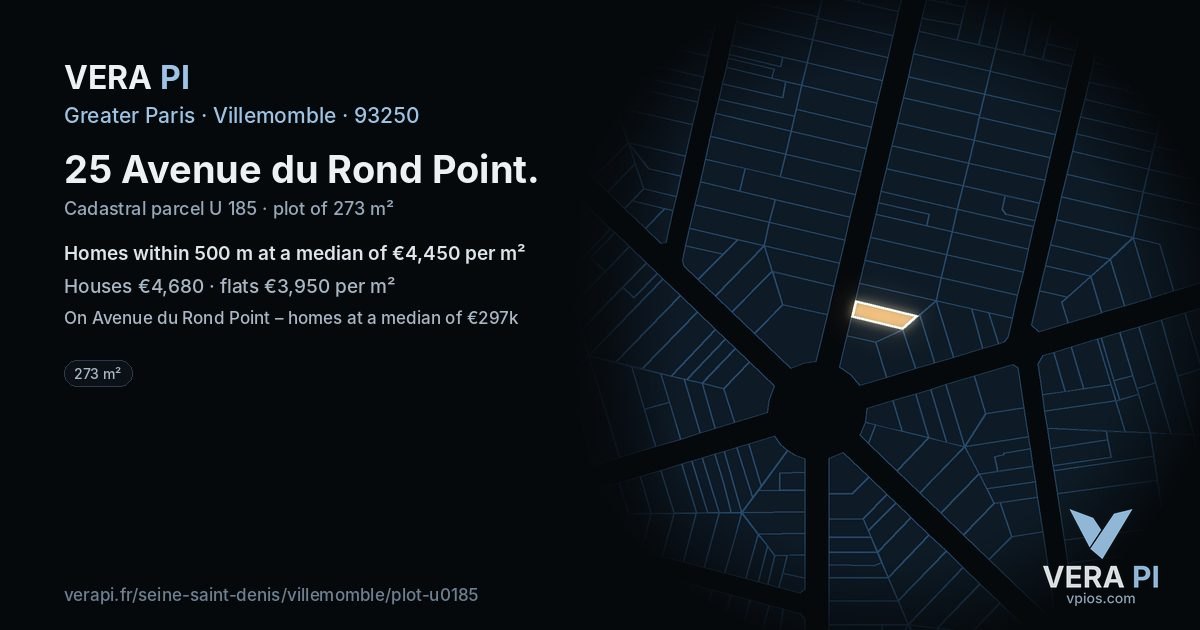 25 Avenue du Rond Point, Villemomble at night – the plot lit, the parcels around coloured by the prices near them