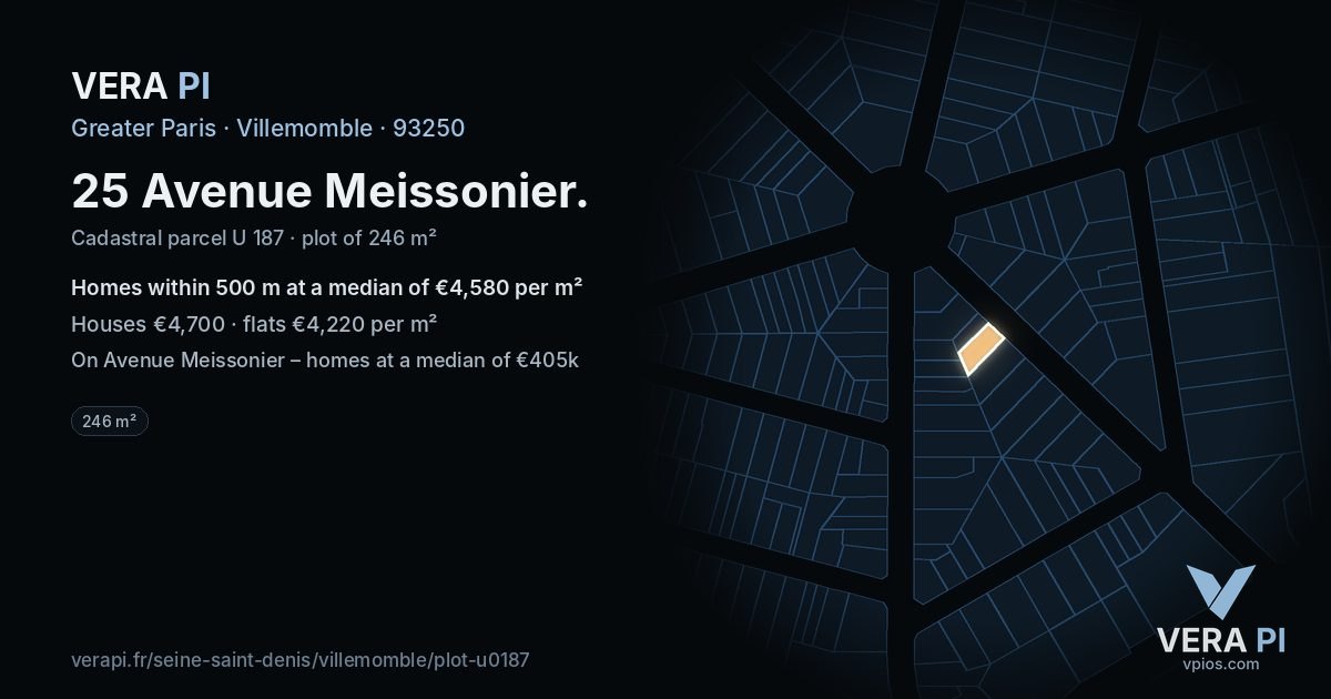 25 Avenue Meissonier, Villemomble at night – the plot lit, the parcels around coloured by the prices near them