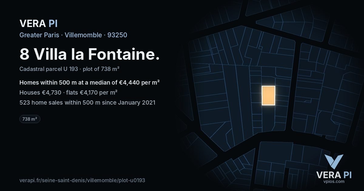 8 Villa la Fontaine, Villemomble at night – the plot lit, the parcels around coloured by the prices near them