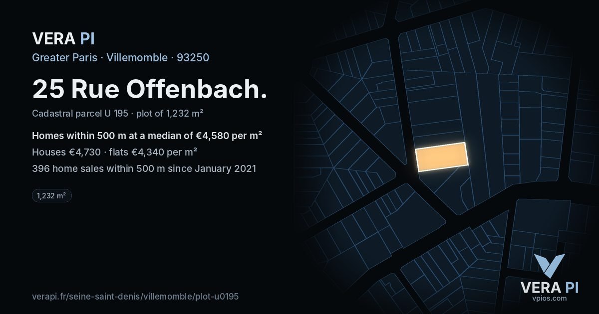 25 Rue Offenbach, Villemomble at night – the plot lit, the parcels around coloured by the prices near them