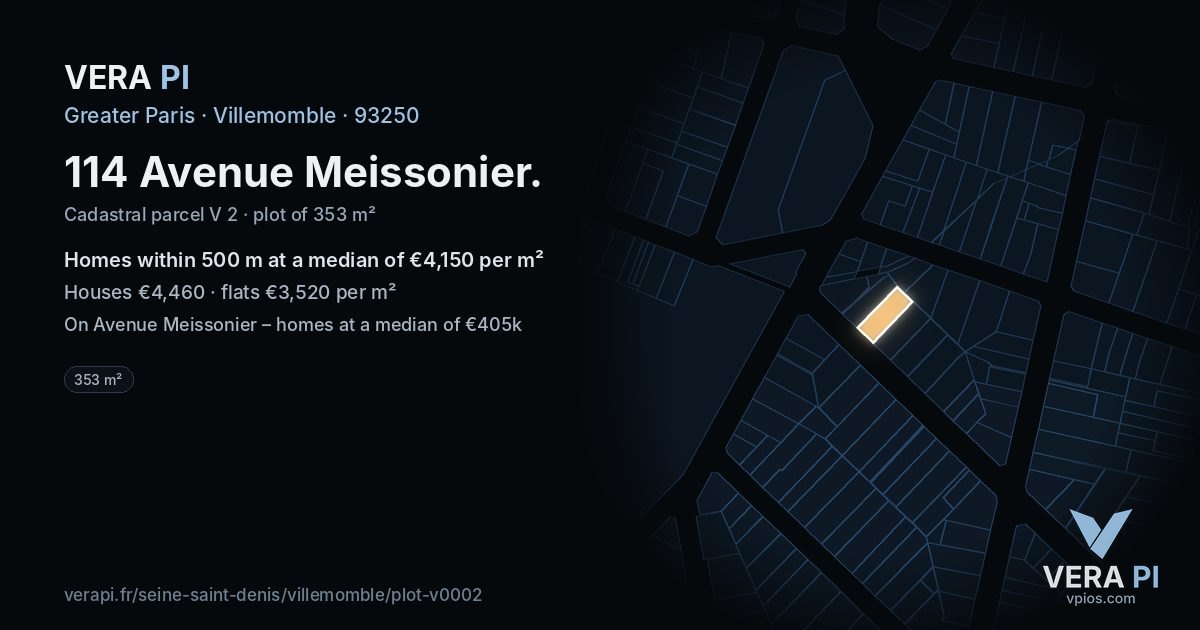 114 Avenue Meissonier, Villemomble at night – the plot lit, the parcels around coloured by the prices near them