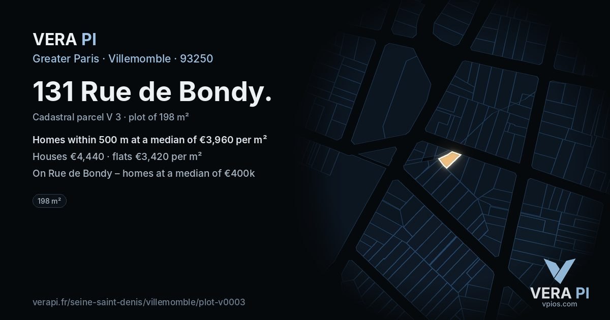 131 Rue de Bondy, Villemomble at night – the plot lit, the parcels around coloured by the prices near them