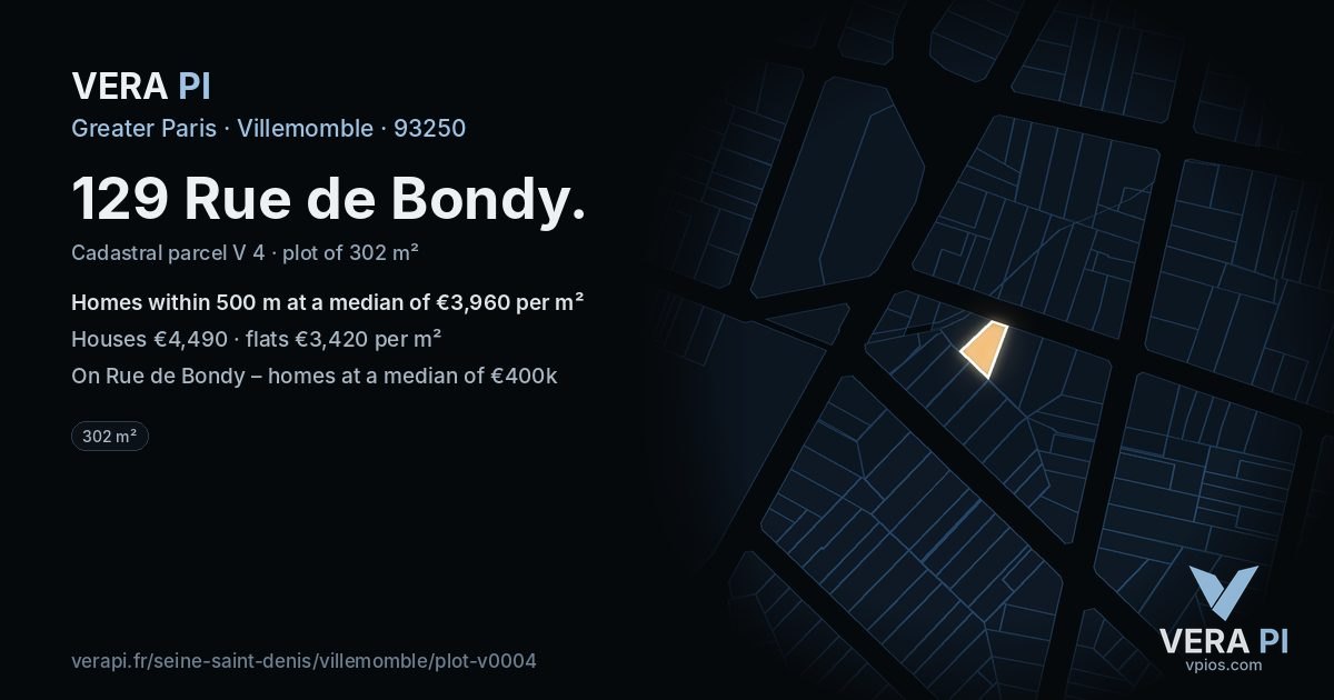 129 Rue de Bondy, Villemomble at night – the plot lit, the parcels around coloured by the prices near them