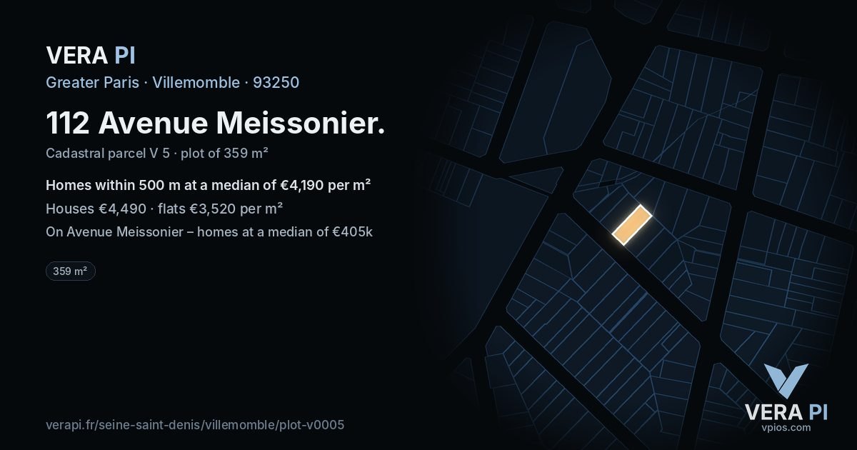 112 Avenue Meissonier, Villemomble at night – the plot lit, the parcels around coloured by the prices near them