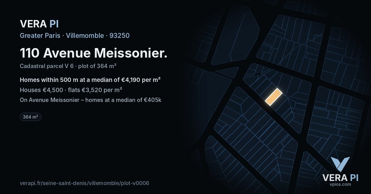 110 Avenue Meissonier, Villemomble at night – the plot lit, the parcels around coloured by the prices near them