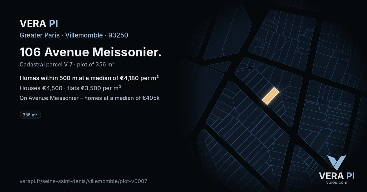 106 Avenue Meissonier, Villemomble at night – the plot lit, the parcels around coloured by the prices near them