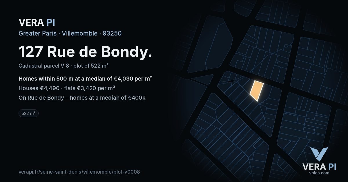 127 Rue de Bondy, Villemomble at night – the plot lit, the parcels around coloured by the prices near them