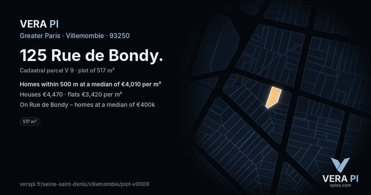 125 Rue de Bondy, Villemomble at night – the plot lit, the parcels around coloured by the prices near them