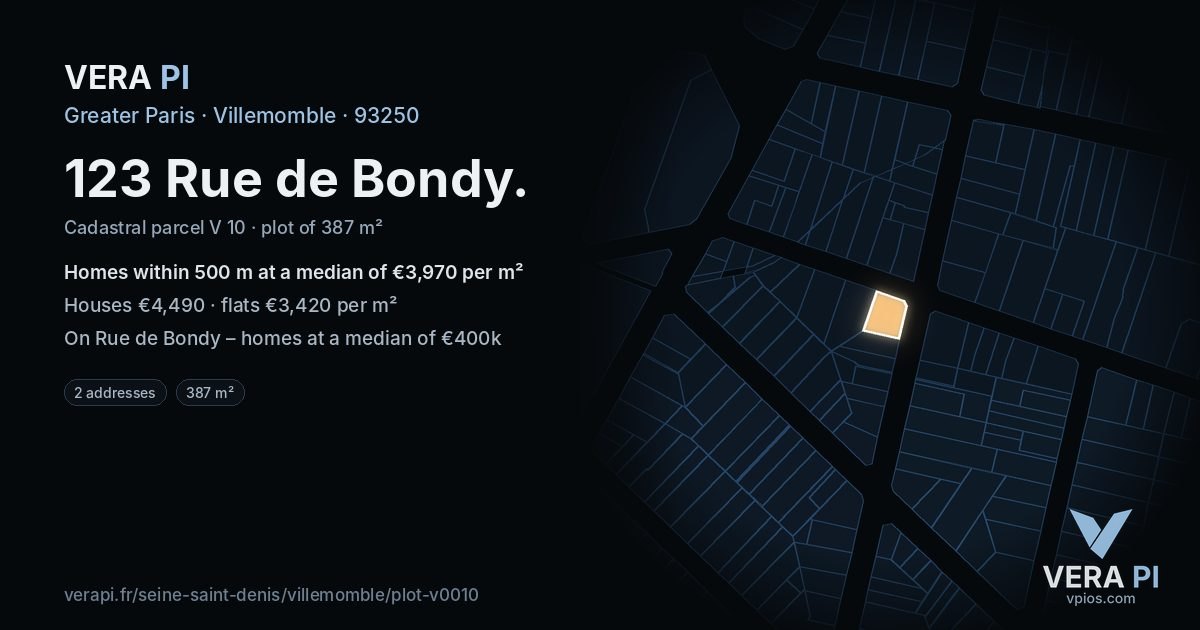 123 Rue de Bondy, Villemomble at night – the plot lit, the parcels around coloured by the prices near them