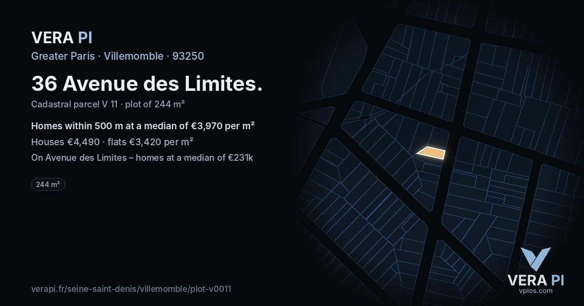 36 Avenue des Limites, Villemomble at night – the plot lit, the parcels around coloured by the prices near them