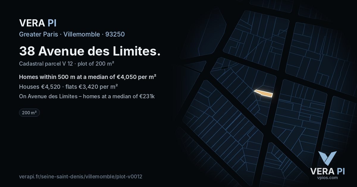 38 Avenue des Limites, Villemomble at night – the plot lit, the parcels around coloured by the prices near them