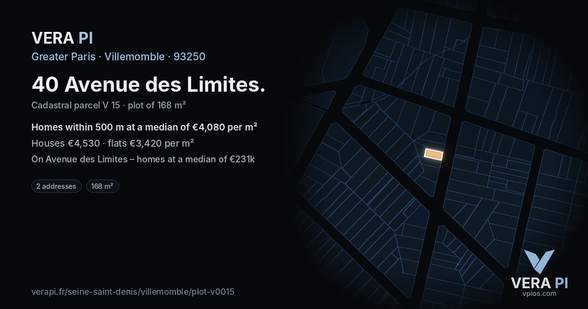 40 Avenue des Limites, Villemomble at night – the plot lit, the parcels around coloured by the prices near them