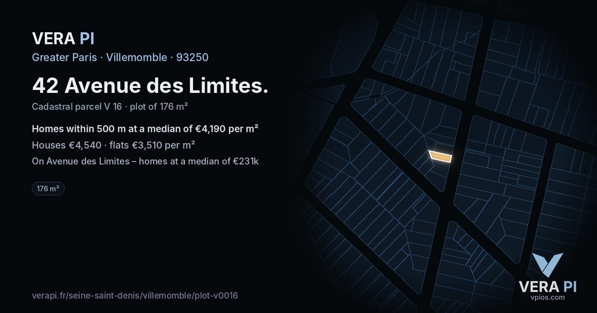 42 Avenue des Limites, Villemomble at night – the plot lit, the parcels around coloured by the prices near them
